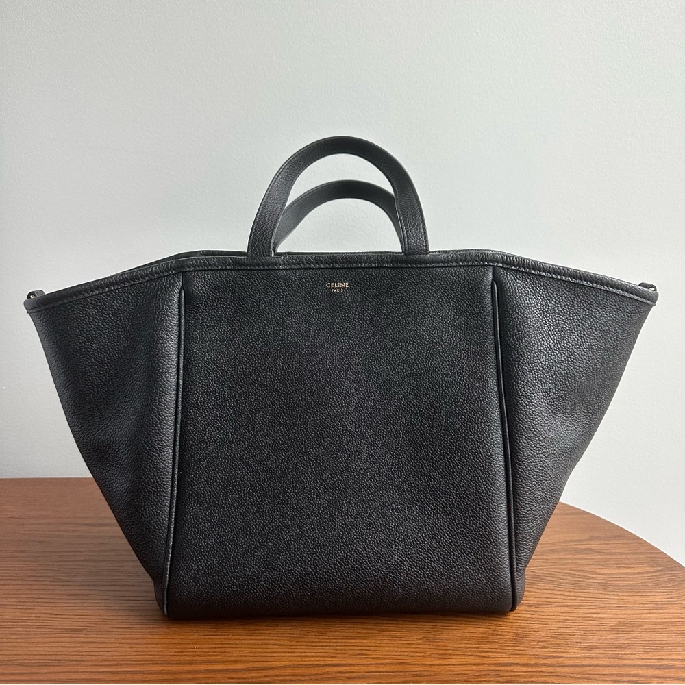 Celine Small Folded Cabas Tote in Grained Black Leather